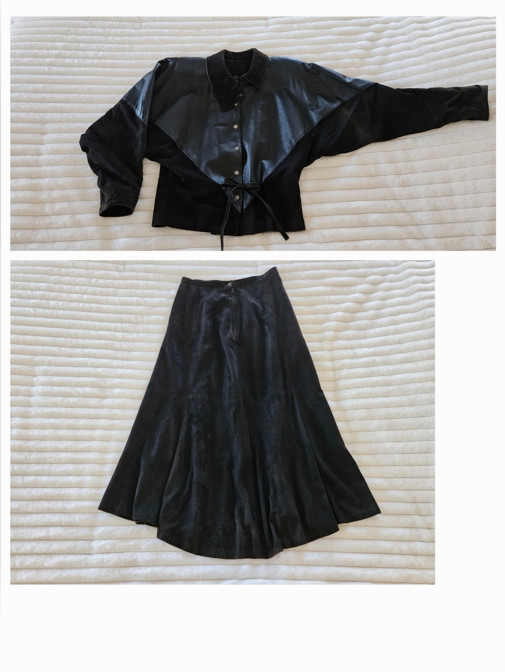 Vintage Leathercraft Process Leather Jacket & A-line Midi Skirt Black Womens 8